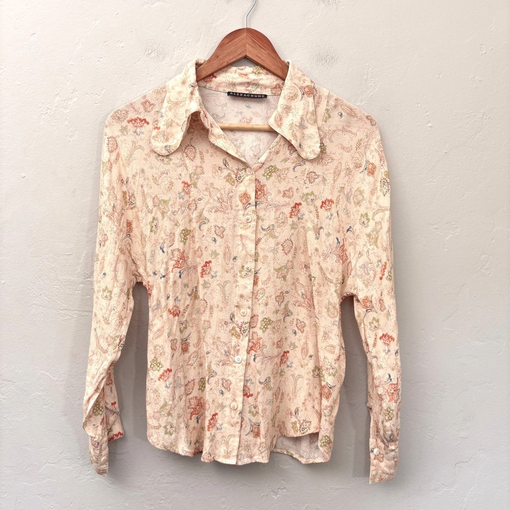 Alexa Chung Paisley Top Size XS Peach Button Up Oversize Collar Missing Button